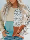 Colorblock Patchwork Leopard Sleeve Knit Top - Apricot