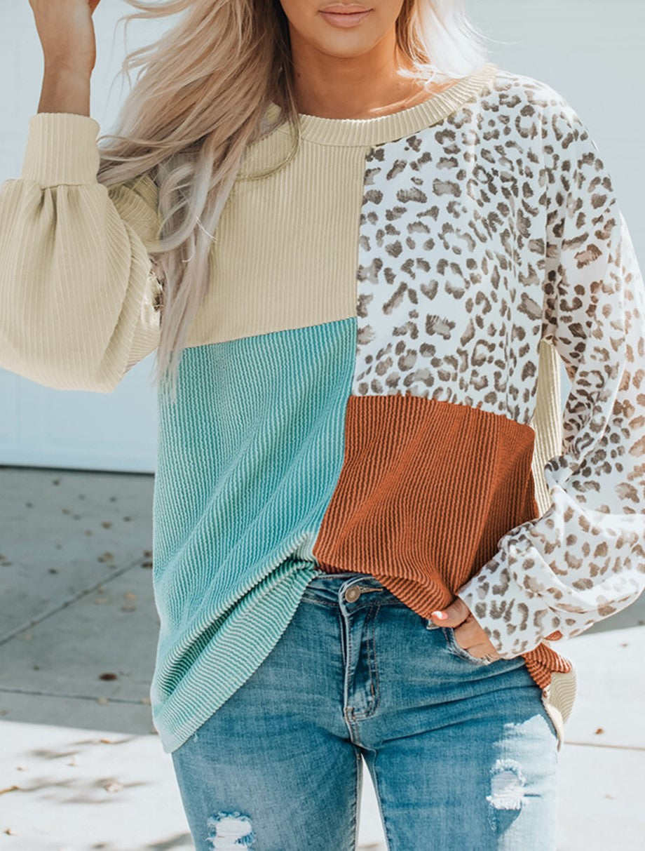 Colorblock Patchwork Leopard Sleeve Knit Top - Apricot - 1