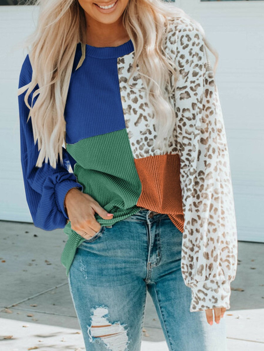 Colorblock Patchwork Leopard Sleeve Knit Top - Blue