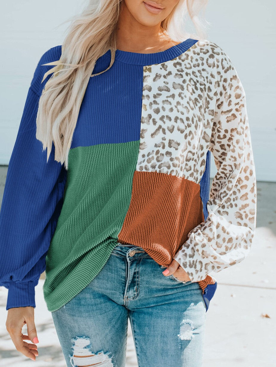 Colorblock Patchwork Leopard Sleeve Knit Top - Blue - 1