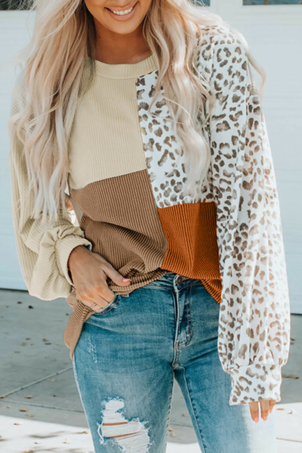 Colorblock Patchwork Leopard Sleeve Knit Top - Khaki