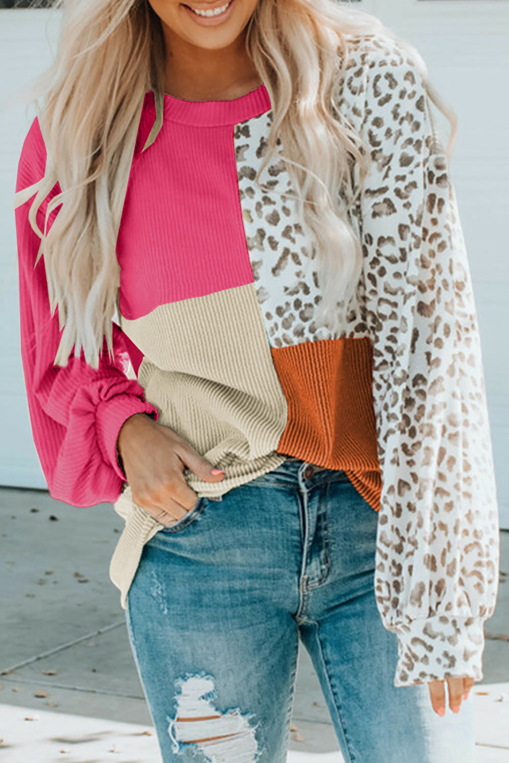 Colorblock Patchwork Leopard Sleeve Knit Top - Rosered