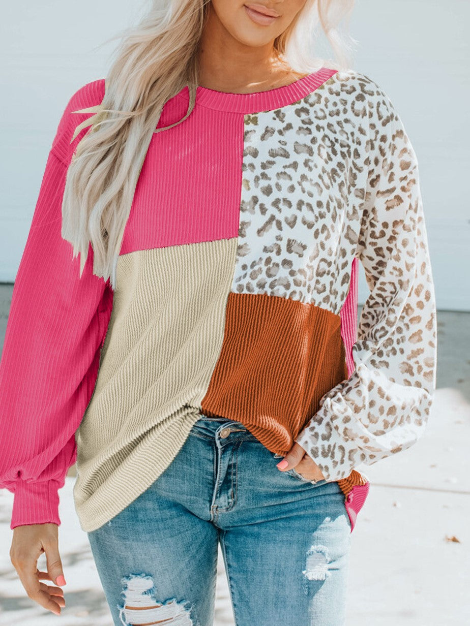 Colorblock Patchwork Leopard Sleeve Knit Top - Rosered - 1