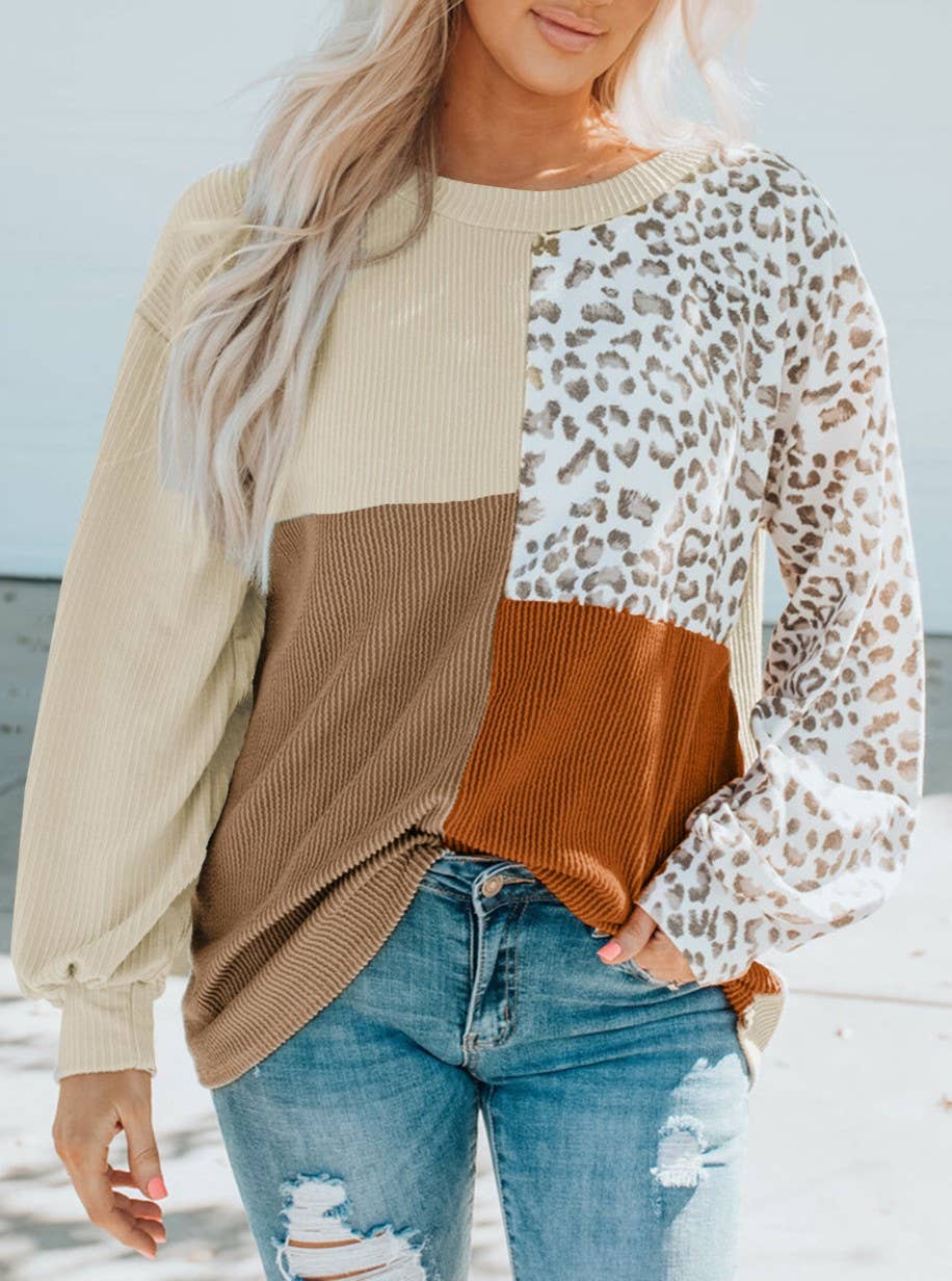 Colorblock Patchwork Leopard Sleeve Knit Top