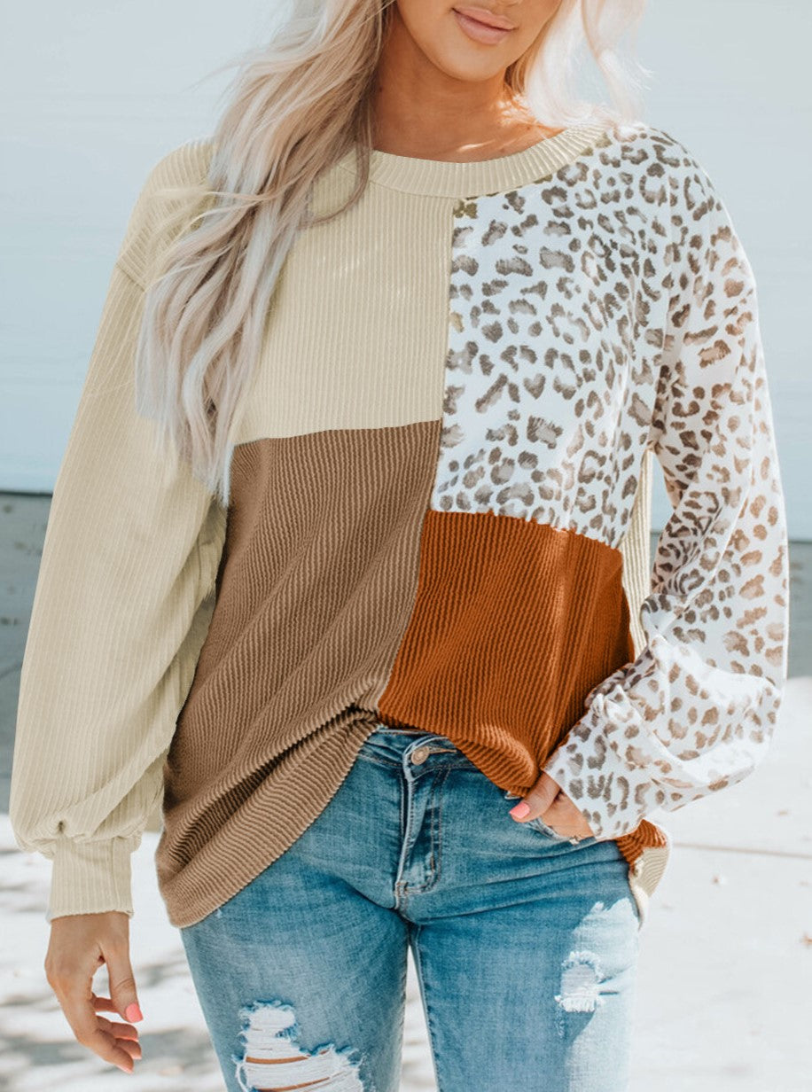 Colorblock Patchwork Leopard Sleeve Knit Top - view 1