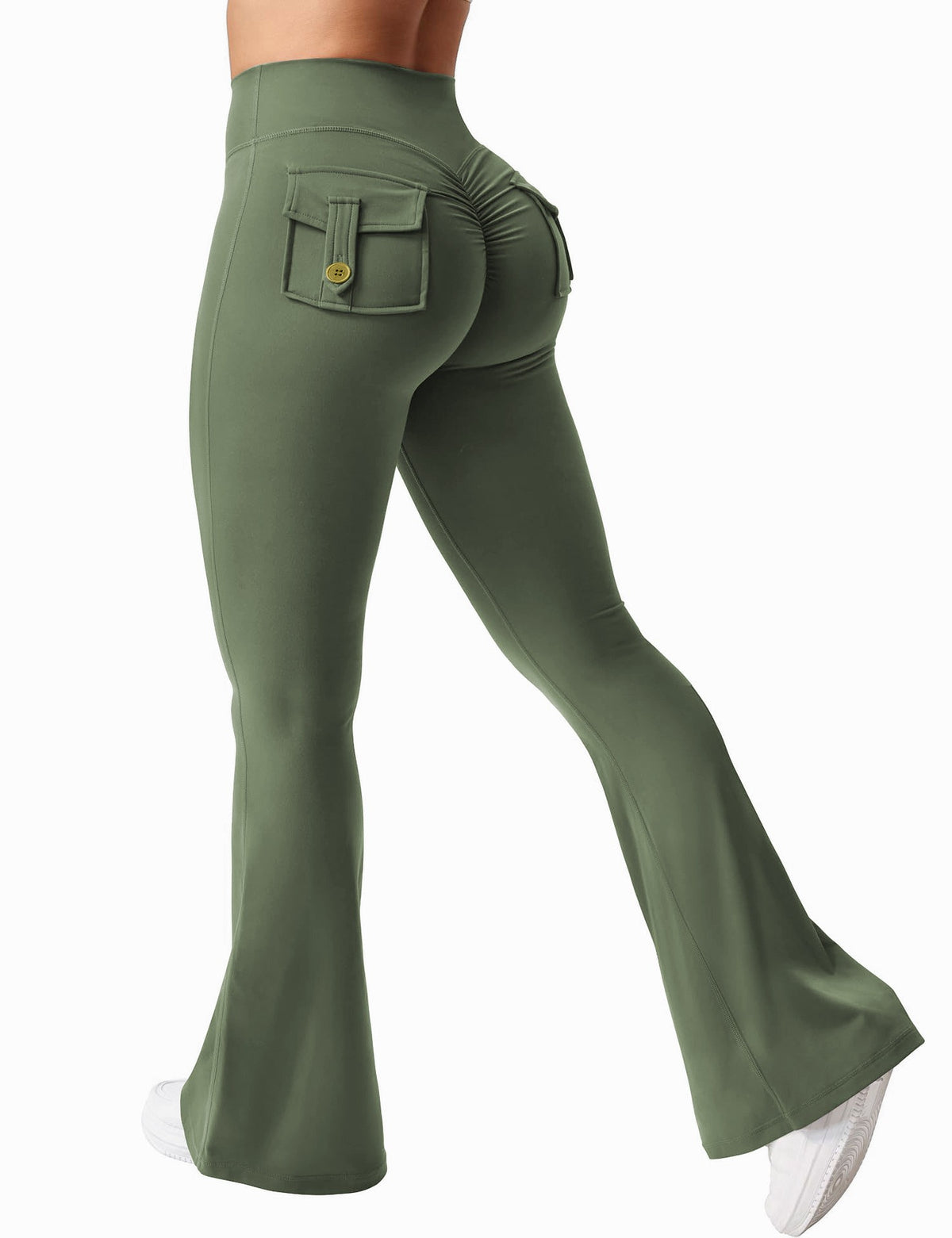 Cargo Pocket Scrunch Butt Flare Yoga Leggings - Army Green