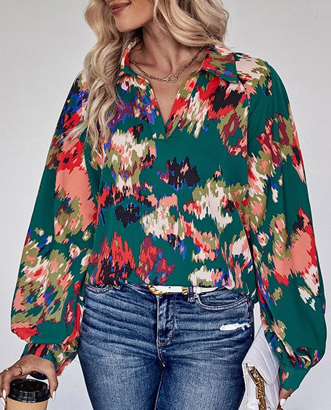 Abstract Floral Print Collared Button Shirt - Green