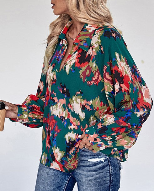 Abstract Floral Print Collared Button Shirt - Green - 1