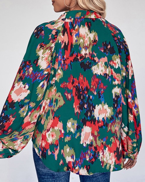 Abstract Floral Print Collared Button Shirt - Green - 2