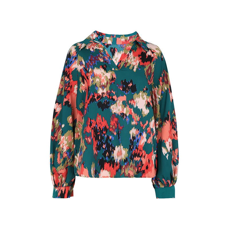 Abstract Floral Print Collared Button Shirt - Green - 3
