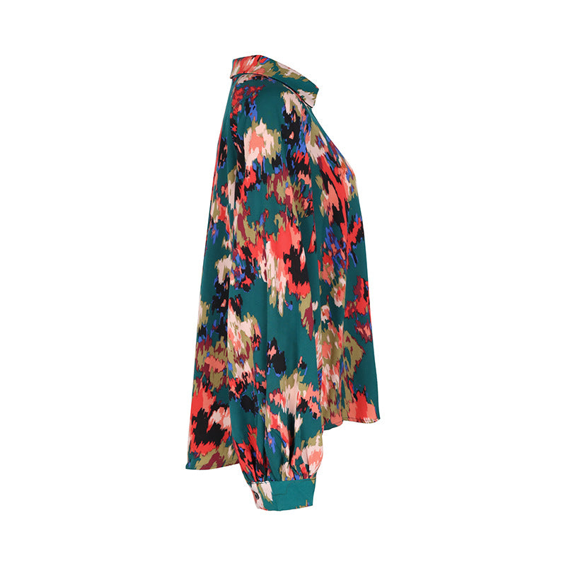 Abstract Floral Print Collared Button Shirt - Green - 4