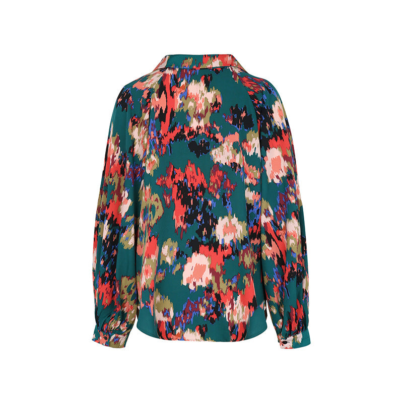 Abstract Floral Print Collared Button Shirt - Green - 5