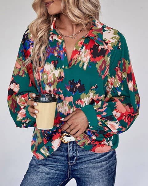 Abstract Floral Print Collared Button Shirt