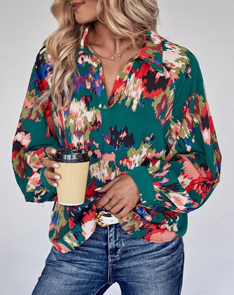 Abstract Floral Print Collared Button Shirt - view 1
