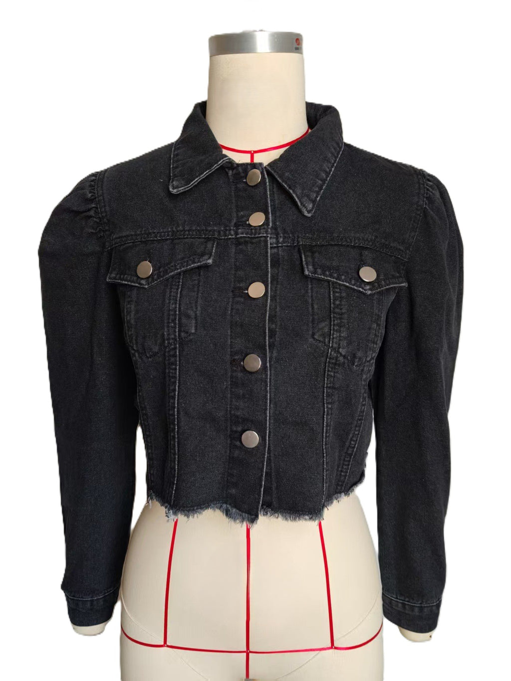 Cropped Denim Jacket With Puff Sleeves - Black