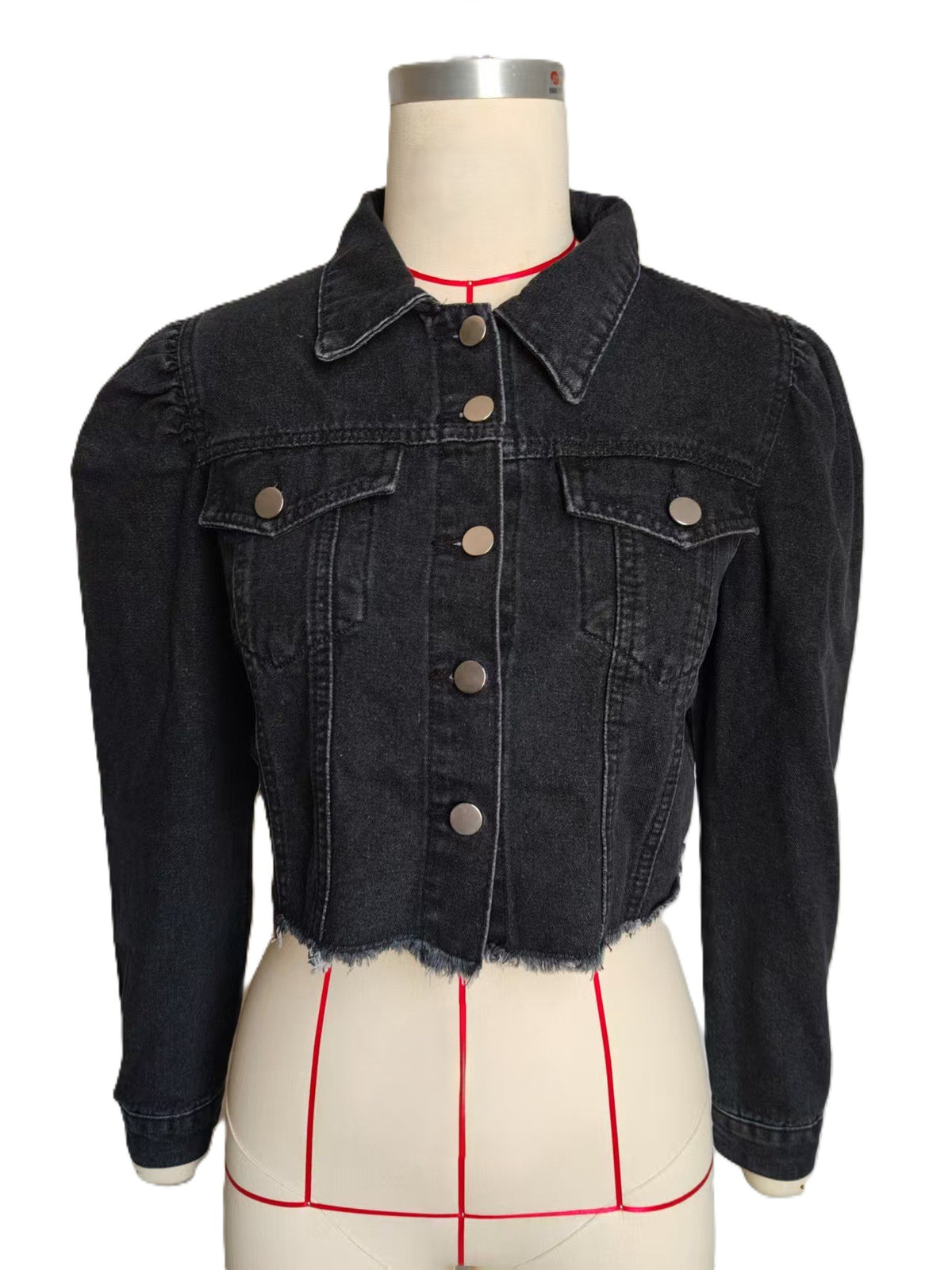 Cropped Denim Jacket With Puff Sleeves - Black