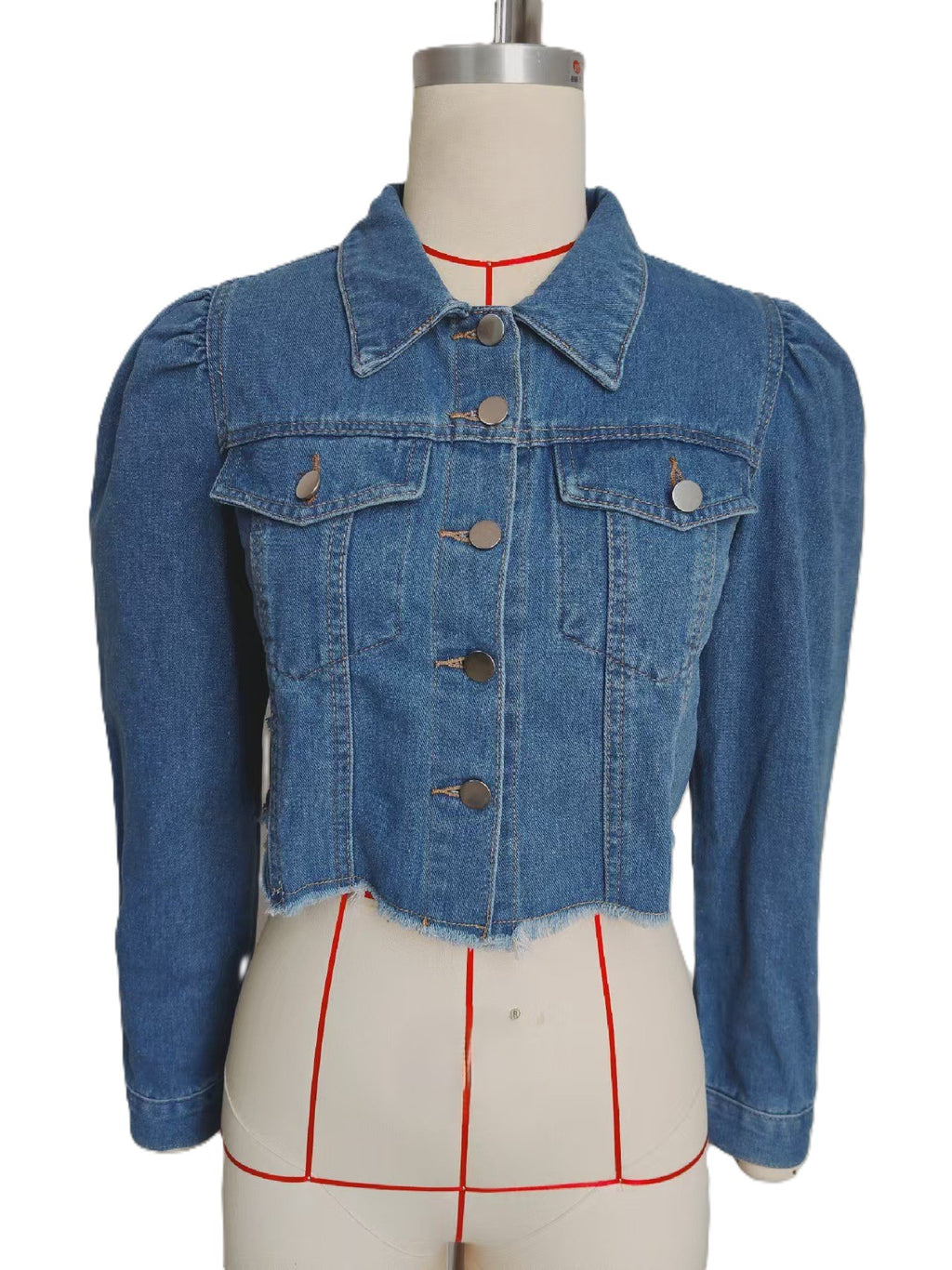 Cropped Denim Jacket With Puff Sleeves - Blue