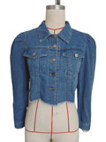 Cropped Denim Jacket With Puff Sleeves - Blue
