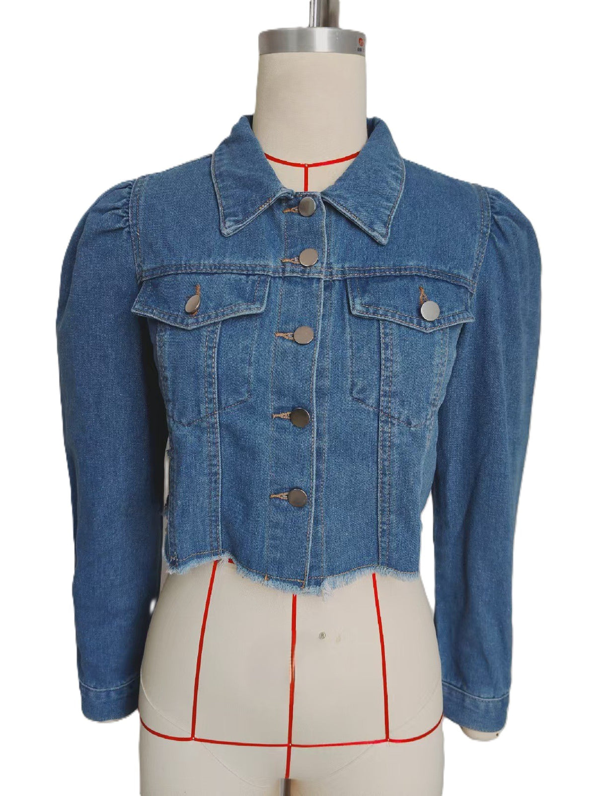 Cropped Denim Jacket With Puff Sleeves - Blue