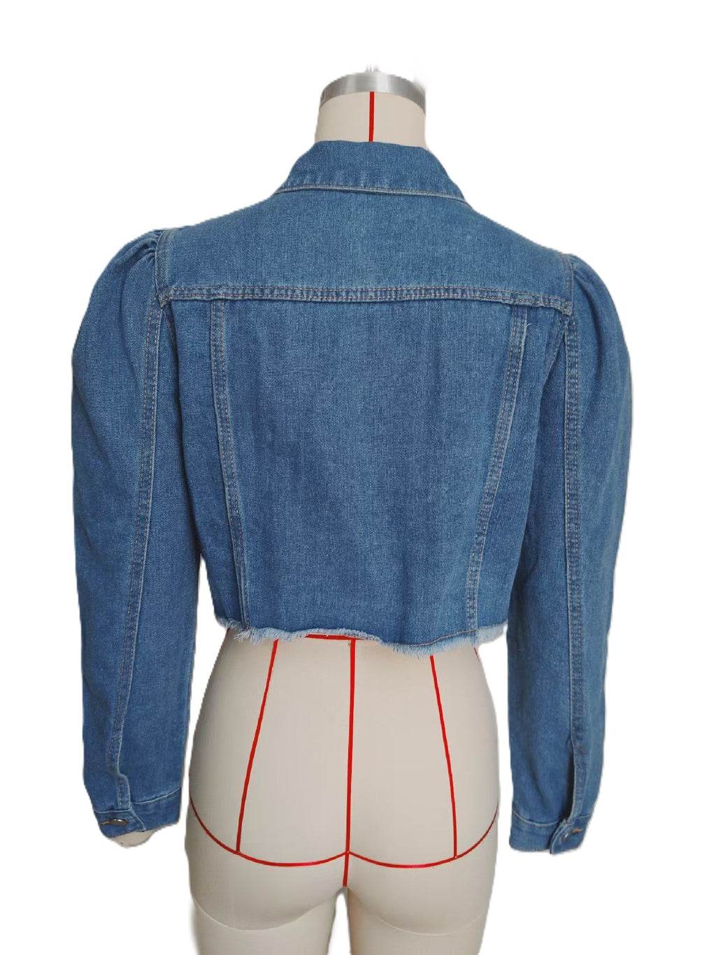 Cropped Denim Jacket With Puff Sleeves - Blue - 1