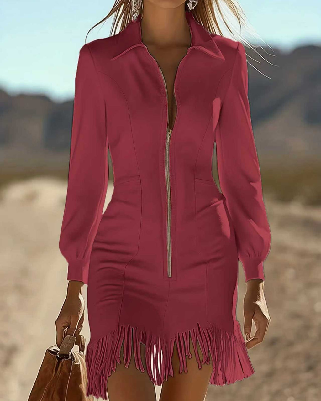 Western Fringe-Hem Zip-Front Bodycon Mini Dress - Wine Red