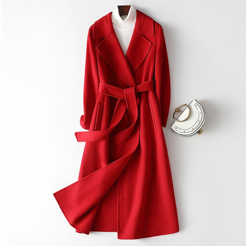 Belted Wool Concealed Button Longline Wrap Coat - Red