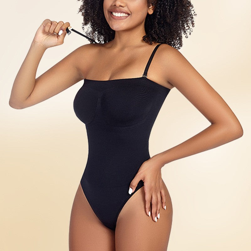 Strapless Square Neck Tummy Control Shaping Bodysuit - Black Thong