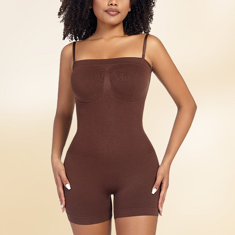 Strapless Square Neck Tummy Control Shaping Bodysuit - Coffee Shorts