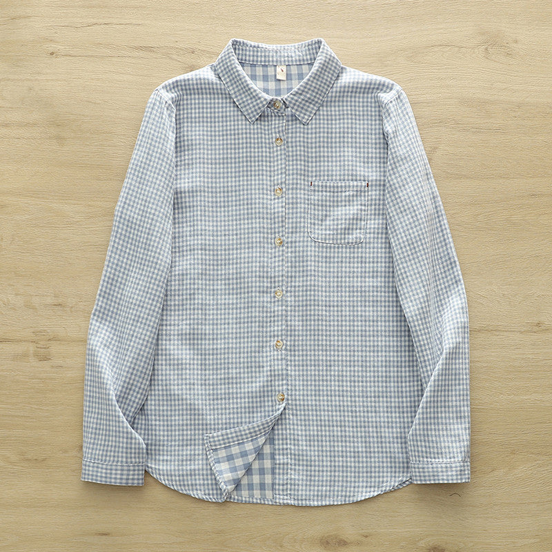 Micro Check Cotton Shirt With Rounded Collar - Blue