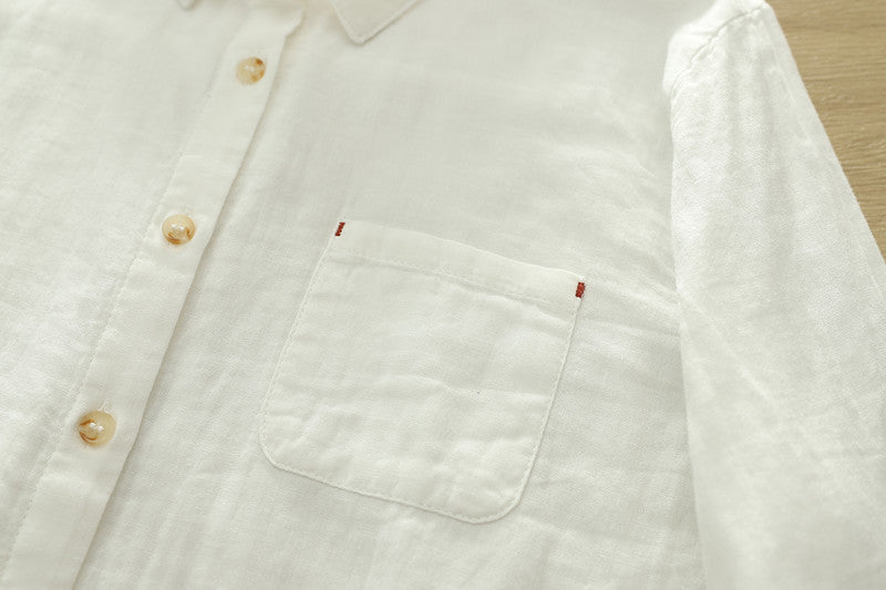 Micro Check Cotton Shirt With Rounded Collar - White - 3