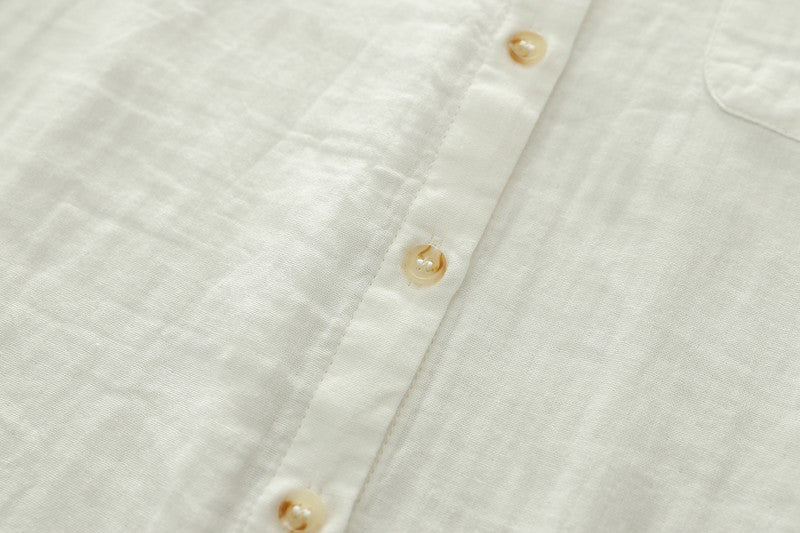 Micro Check Cotton Shirt With Rounded Collar - White - 4