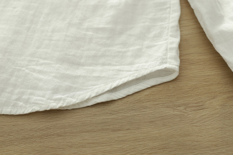 Micro Check Cotton Shirt With Rounded Collar - White - 5