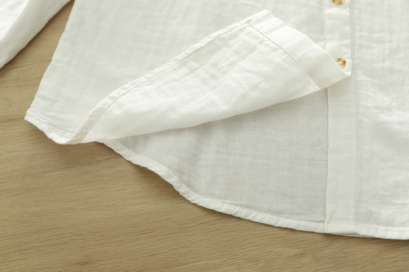 Micro Check Cotton Shirt With Rounded Collar - White - 6