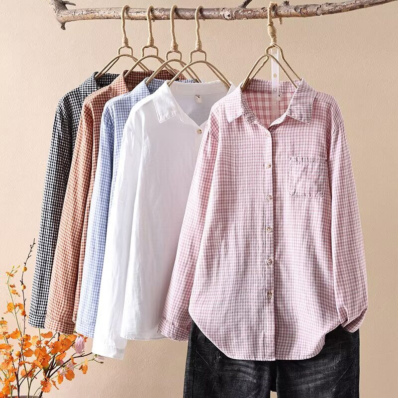 Micro Check Cotton Shirt With Rounded Collar - view 10