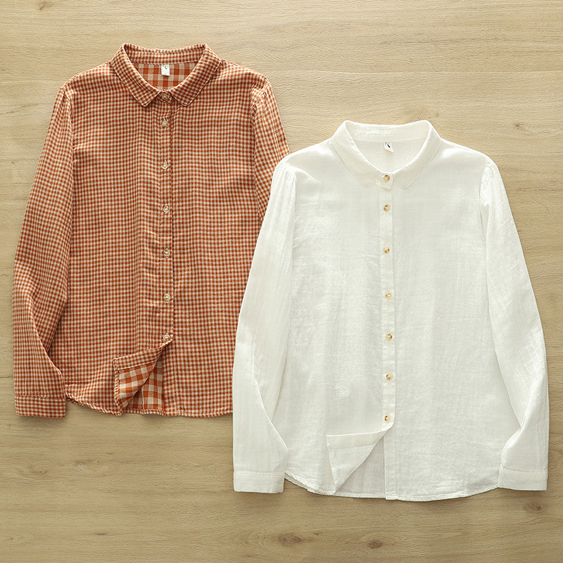 Micro Check Cotton Shirt With Rounded Collar - view 12