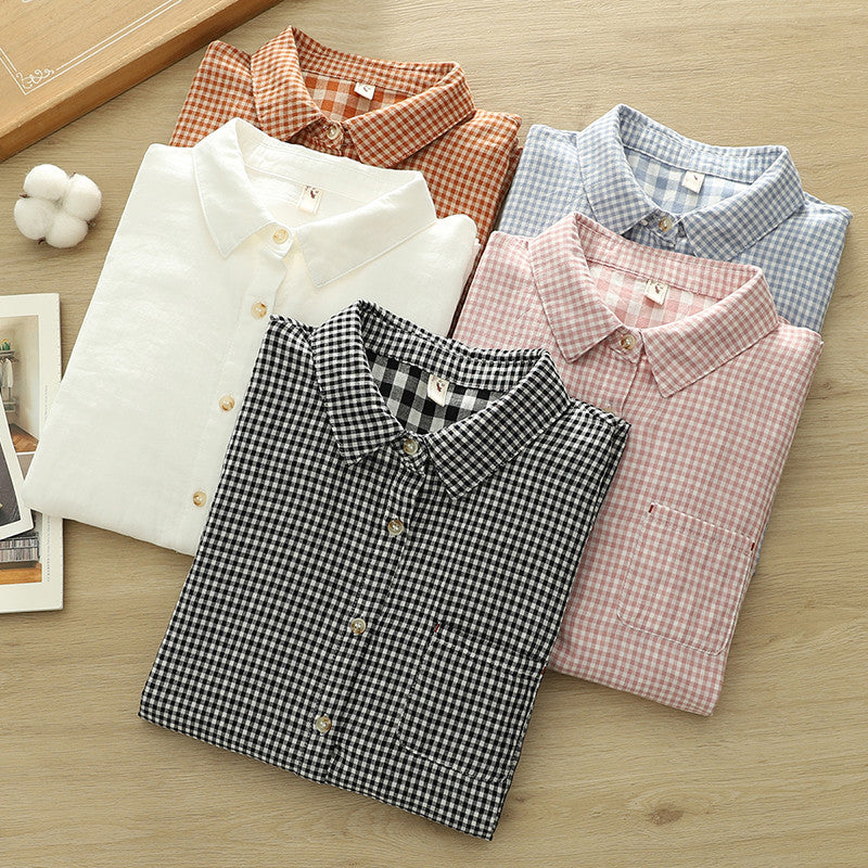 Micro Check Cotton Shirt With Rounded Collar - view 3