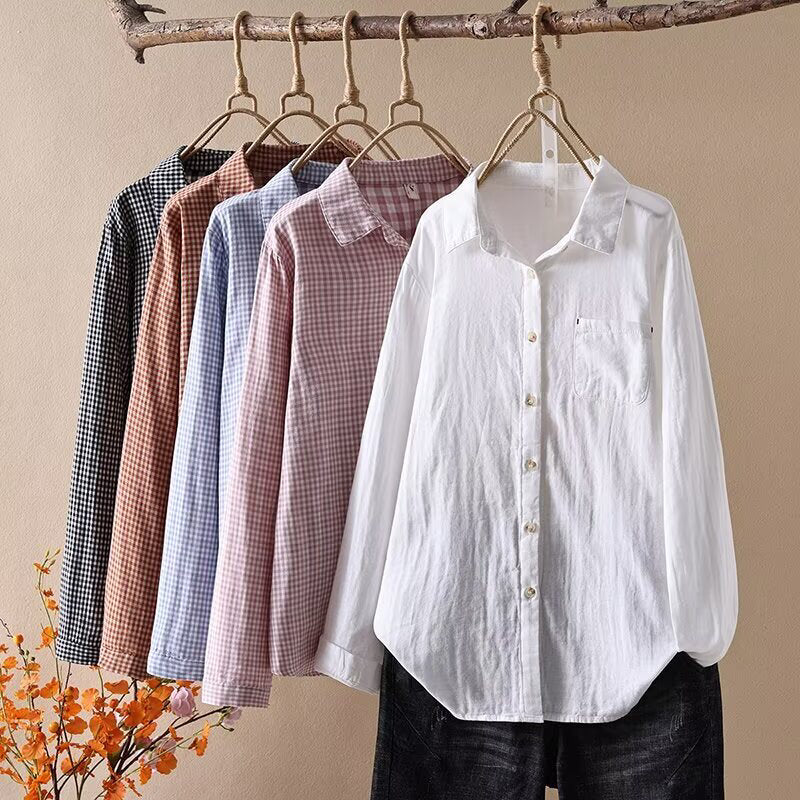 Micro Check Cotton Shirt With Rounded Collar - view 4