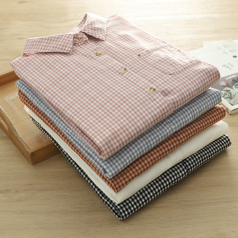 Micro Check Cotton Shirt With Rounded Collar - view 6