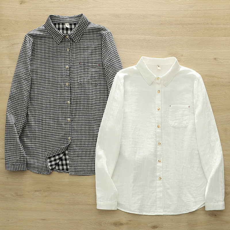 Micro Check Cotton Shirt With Rounded Collar - view 7