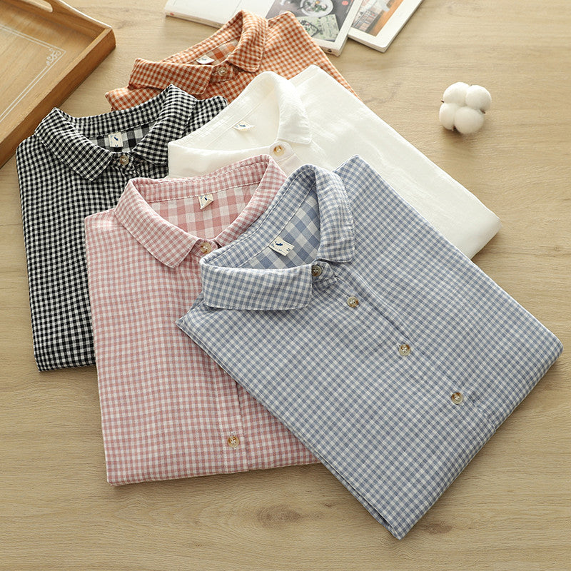 Micro Check Cotton Shirt With Rounded Collar - view 9