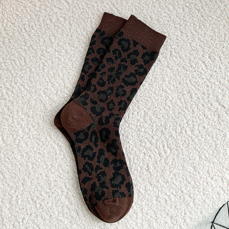 Leopard Print Ribbed Crew Socks - Coffee
