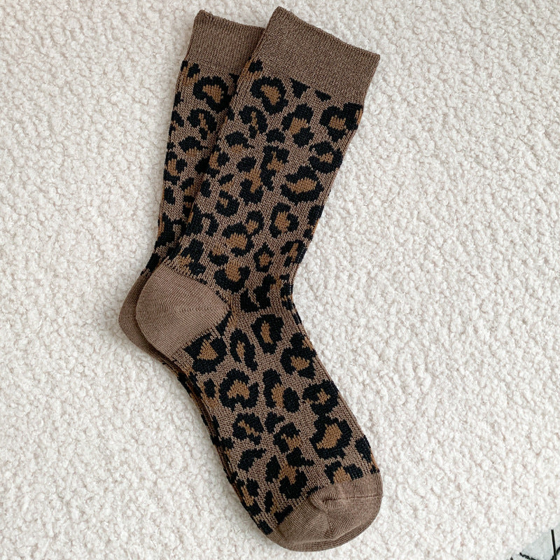 Leopard Print Ribbed Crew Socks - Khaki