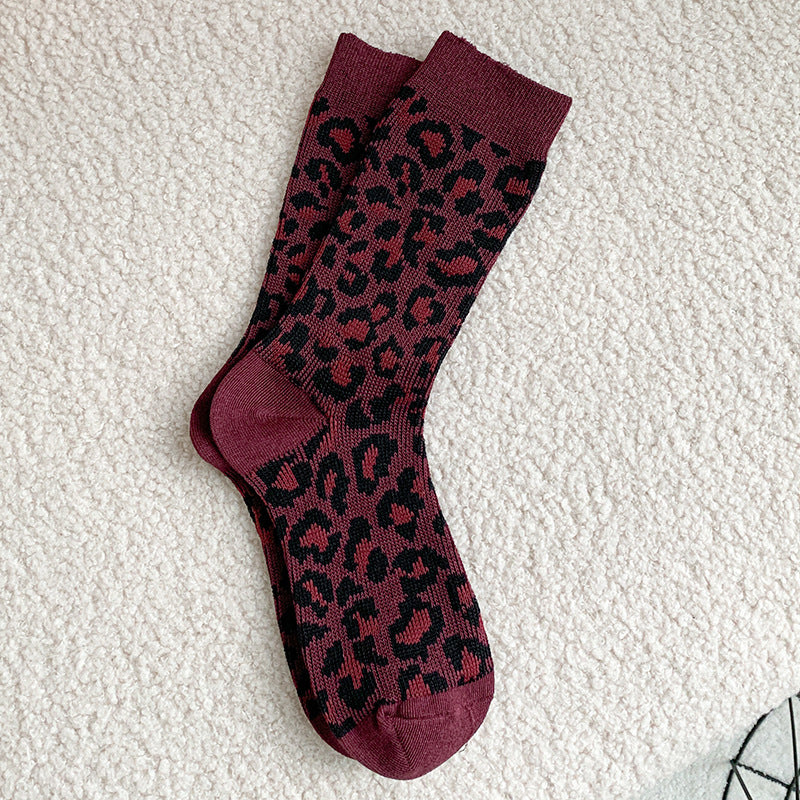 Leopard Print Ribbed Crew Socks - WineRed - 1