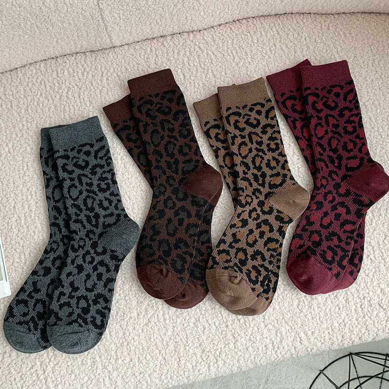 Leopard Print Ribbed Crew Socks - WineRed - 2