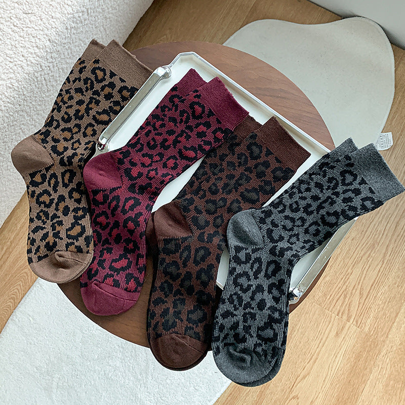 Leopard Print Ribbed Crew Socks - WineRed - 3