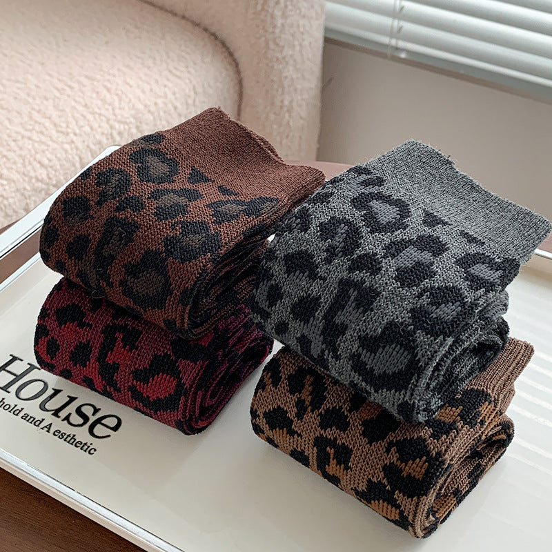 Leopard Print Ribbed Crew Socks - WineRed - 4