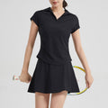 Ruched Short Sleeve Polo Tennis Skort Set - Black