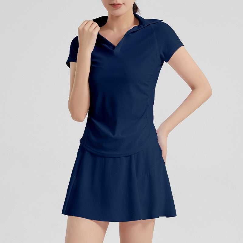 Ruched Short Sleeve Polo Tennis Skort Set - Navy