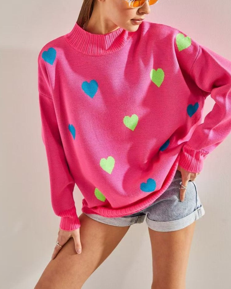 Scattered Heart Oversized Mock Neck Sweater - Pink - 1