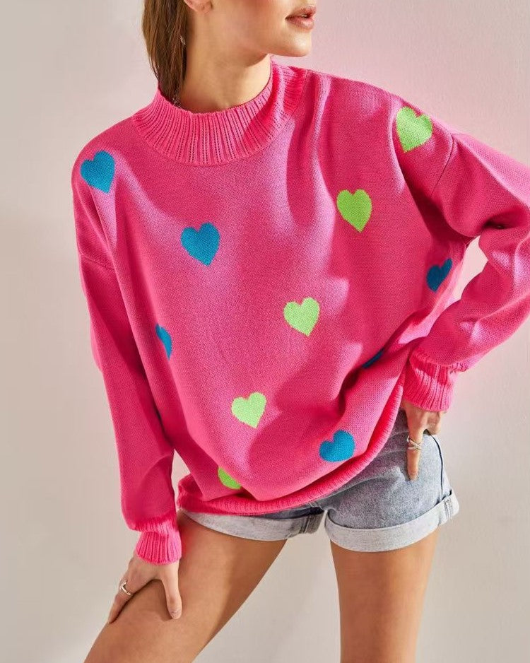 Scattered Heart Oversized Mock Neck Sweater - Pink - 2